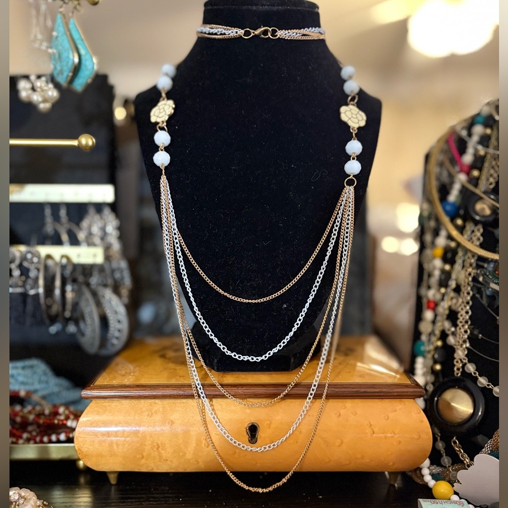 28” Glass, metal and Enamel 5 stand Necklace.